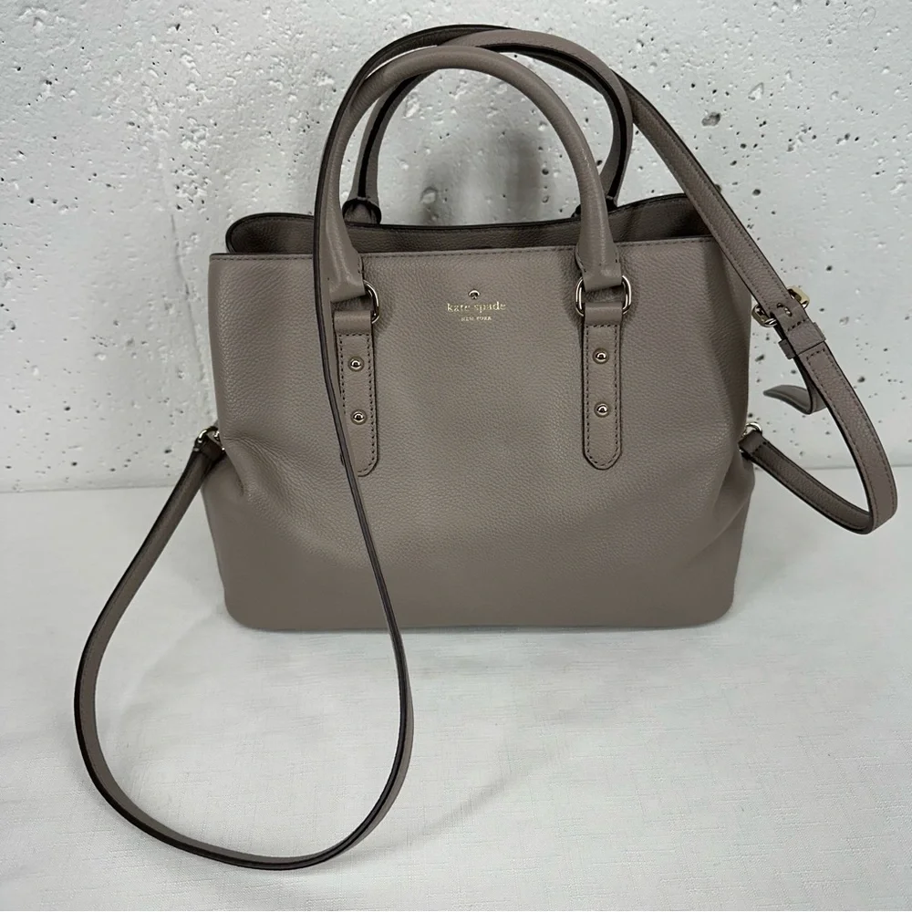 Kate Spade Taupe Larchmont Avenue Pebbled Leather Satchel Crossbody Bag Purse - Picture 16 of 16